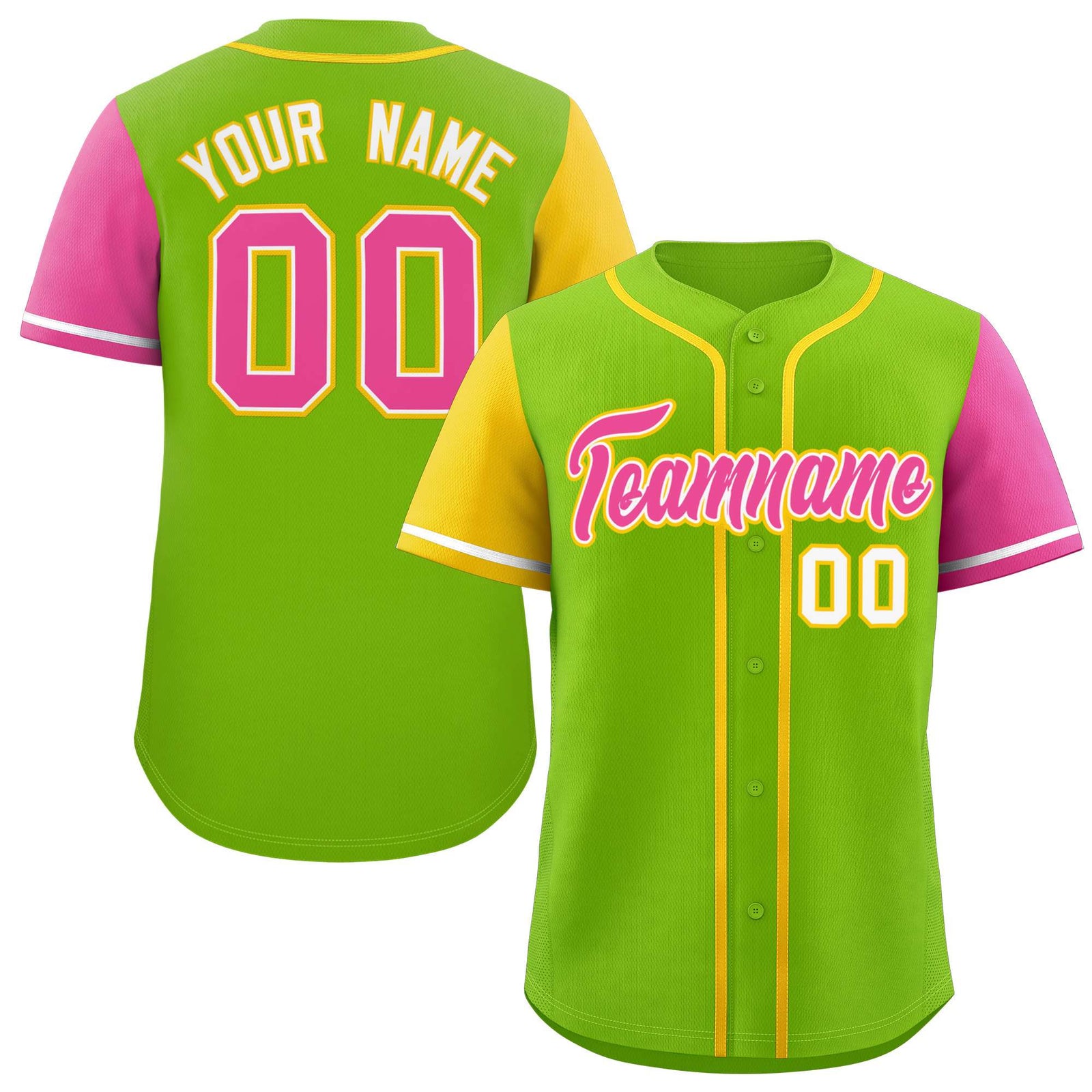 Custom Neon Green Gold and Pink Raglan Sleeves Authentic Baseball Jersey