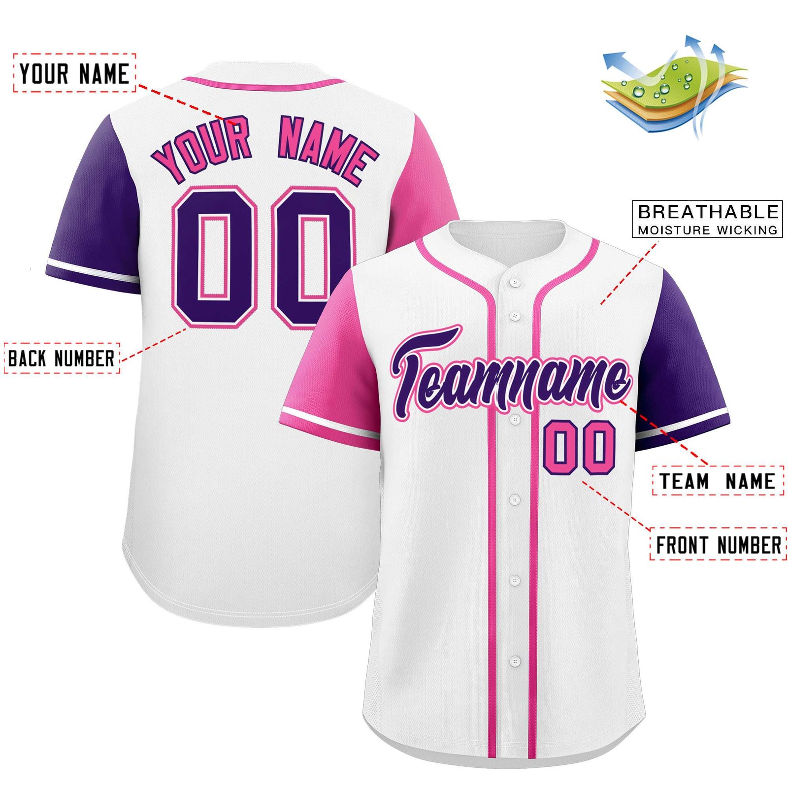 Custom White Pink and Purple Raglan Sleeves Authentic Baseball Jersey