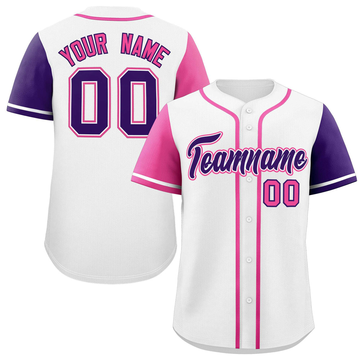 Custom White Pink and Purple Raglan Sleeves Authentic Baseball Jersey