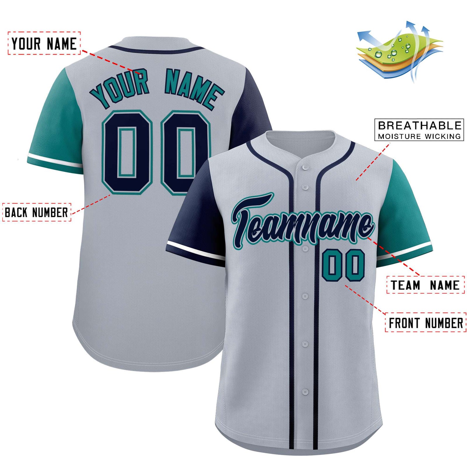 Custom Silver Navy and Aqua Raglan Sleeves Authentic Baseball Jersey