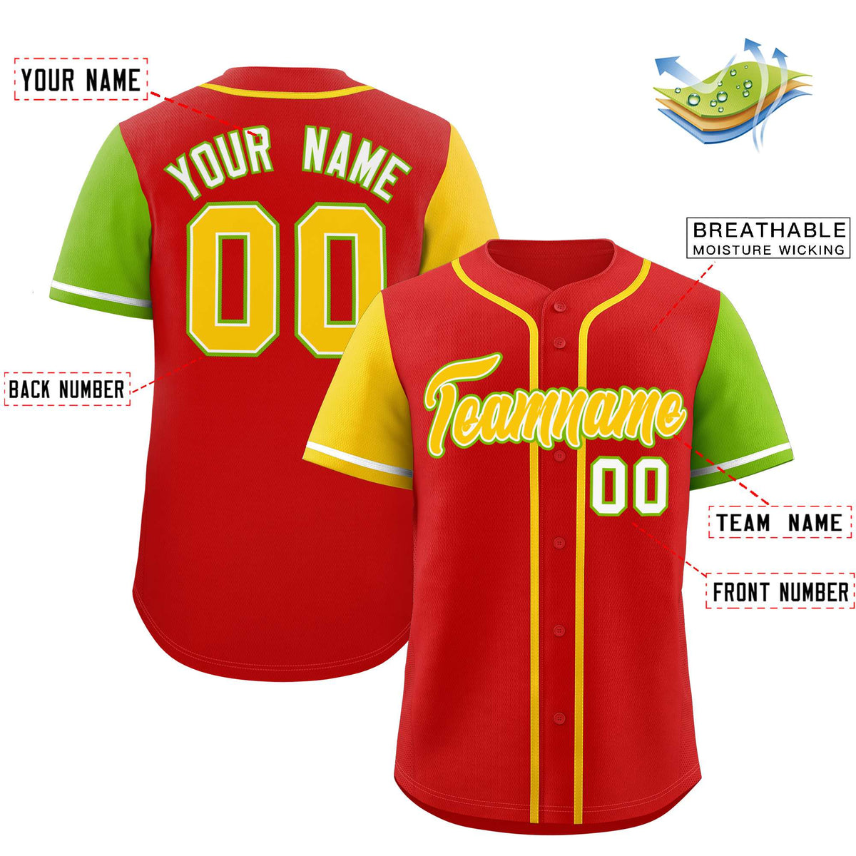 Custom Red Gold and Neon Green Raglan Sleeves Authentic Baseball Jersey