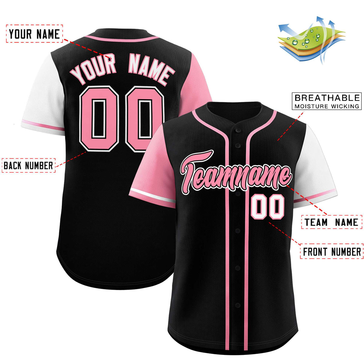 Custom Black Light Pink and White Raglan Sleeves Authentic Baseball Jersey