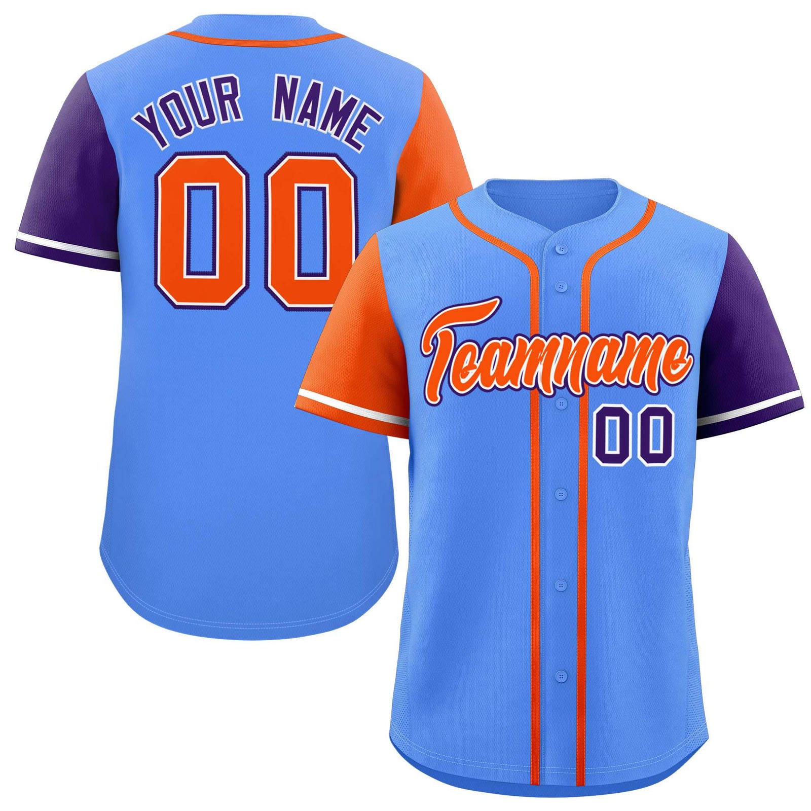 Custom Powder Blue Orange and Purple Raglan Sleeves Authentic Baseball Jersey