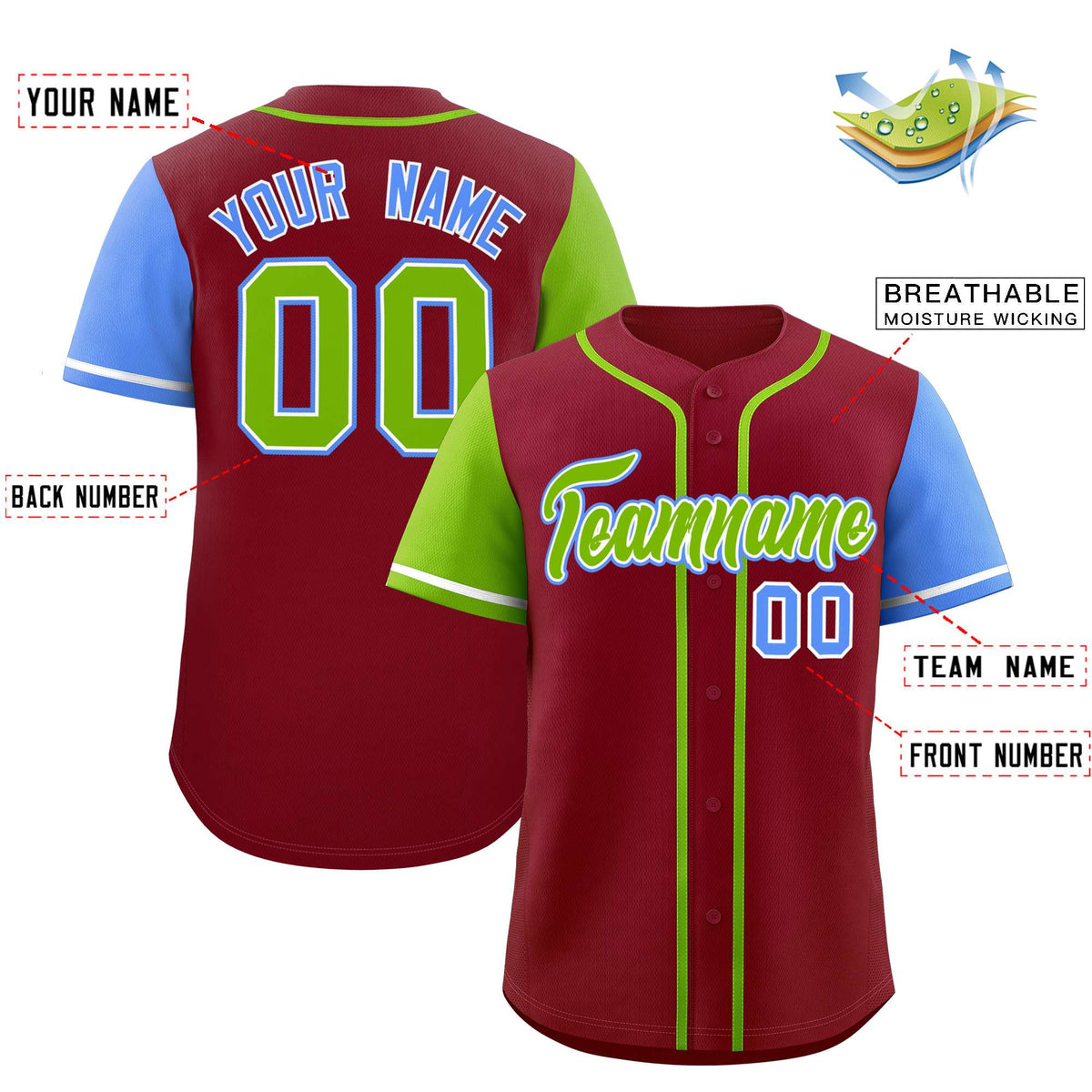 Custom Crimson Neon Green and Powder Blue Raglan Sleeves Authentic Baseball Jersey