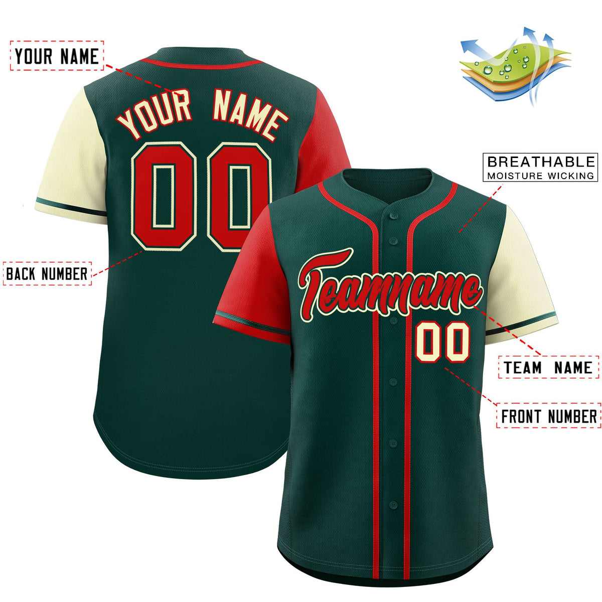 Custom Midnight Green Red and Cream Raglan Sleeves Authentic Baseball Jersey