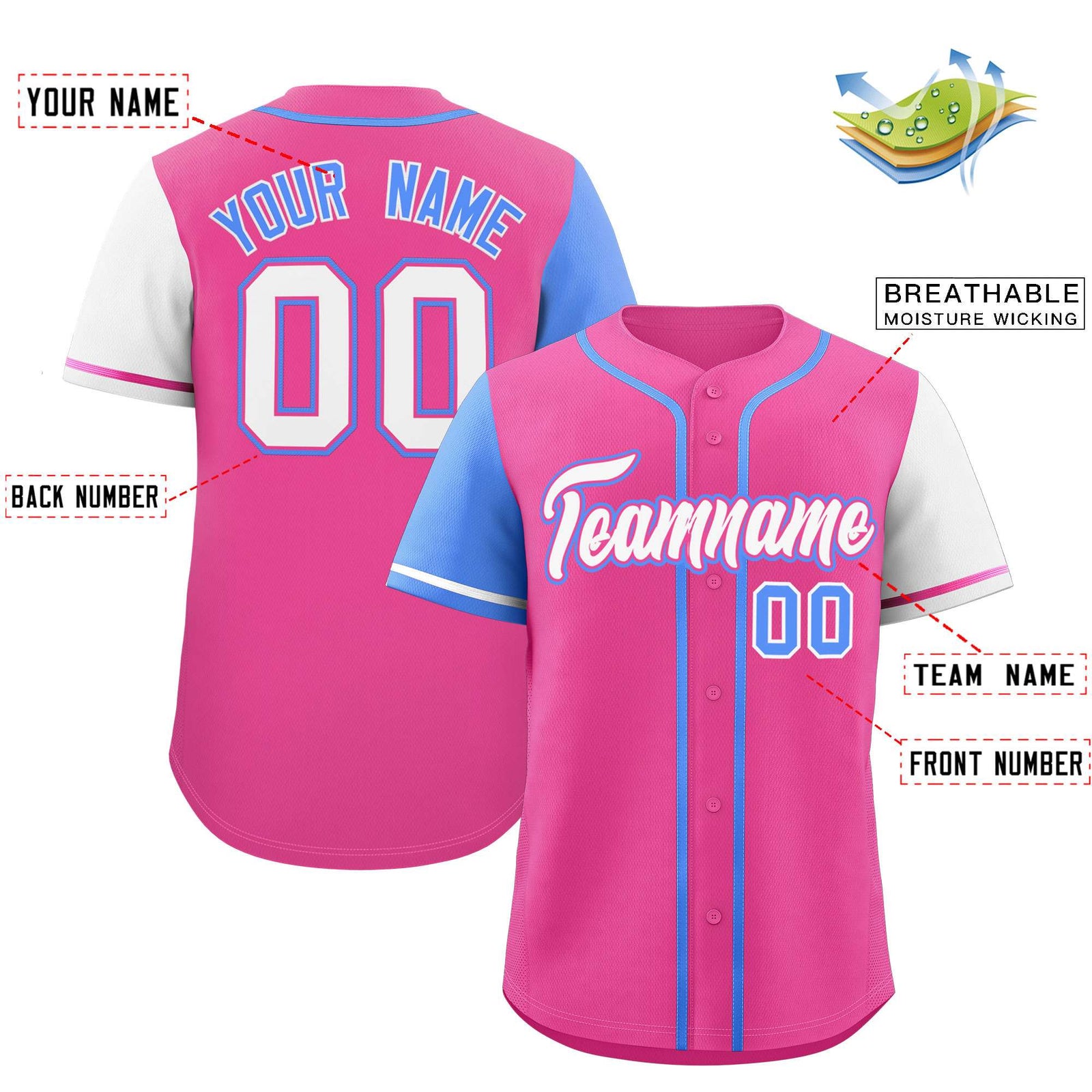 Custom Pink Powder Blue and White Raglan Sleeves Authentic Baseball Jersey