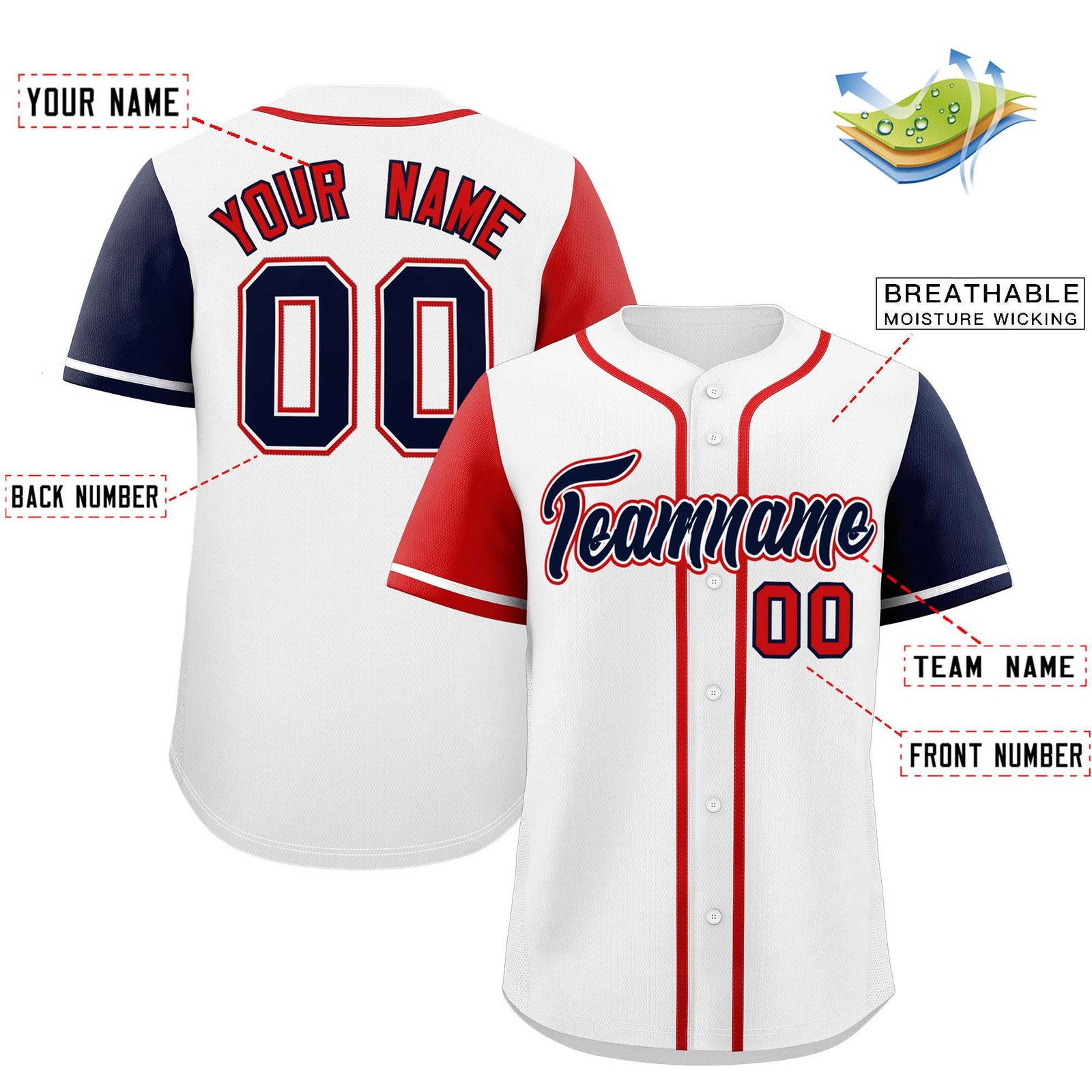 Custom White Red and Navy Raglan Sleeves Authentic Baseball Jersey
