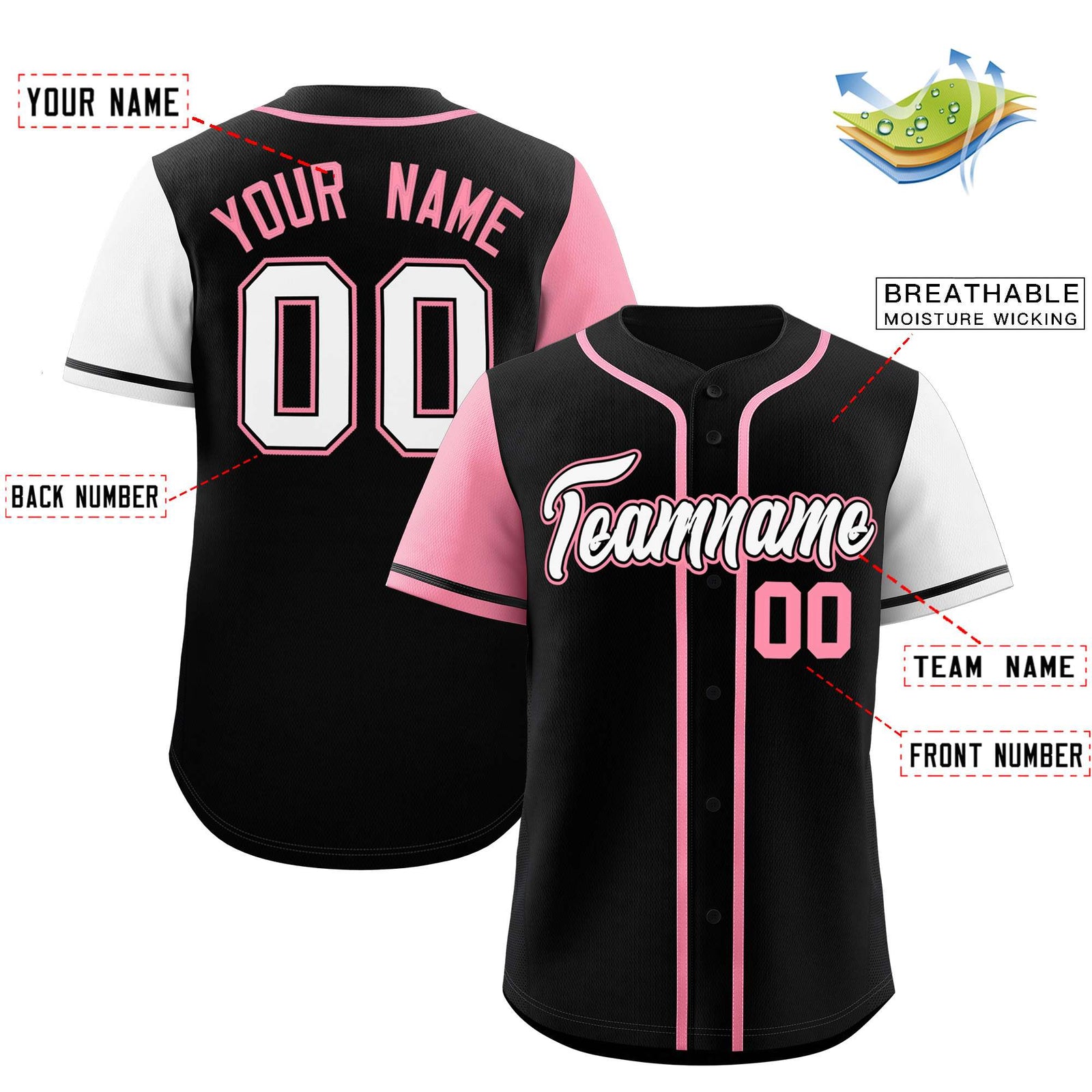 Custom Black Light Pink and White Raglan Sleeves Authentic Baseball Jersey