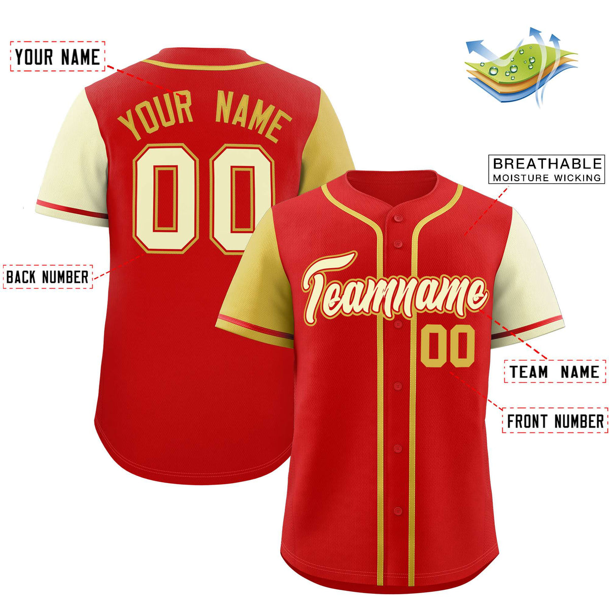 Custom Red Old Gold and Cream Raglan Sleeves Authentic Baseball Jersey