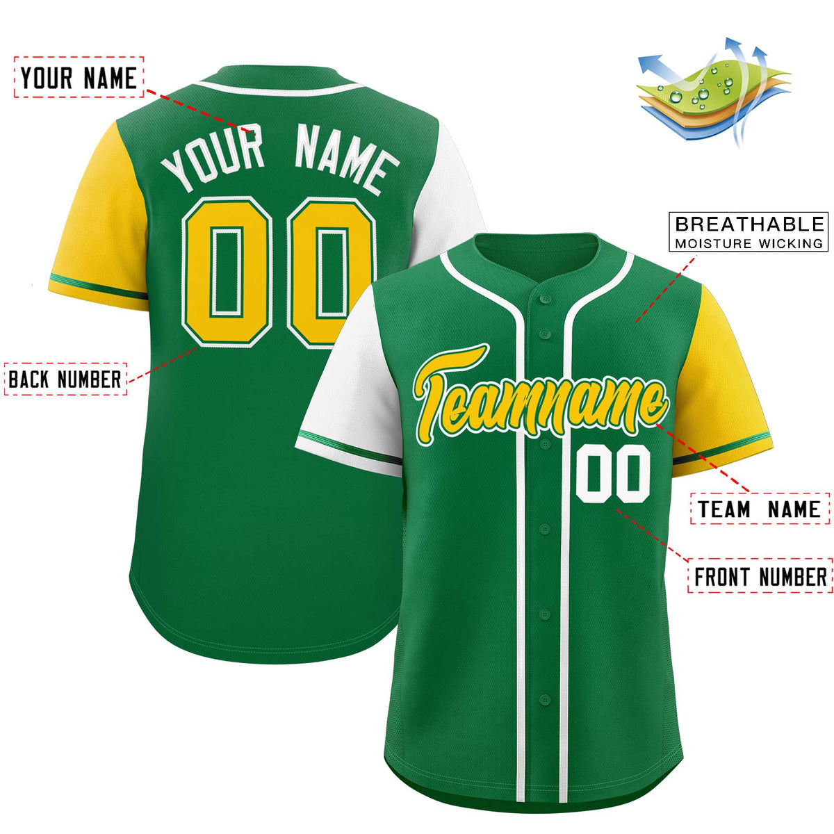 Custom Kelly Green White and Gold Raglan Sleeves Authentic Baseball Jersey