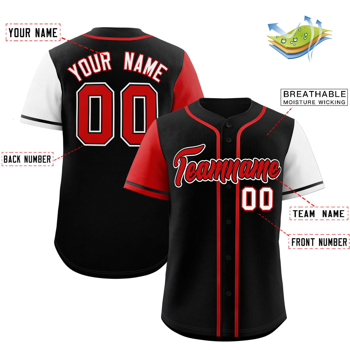 Custom Black Red and White Raglan Sleeves Authentic Baseball Jersey