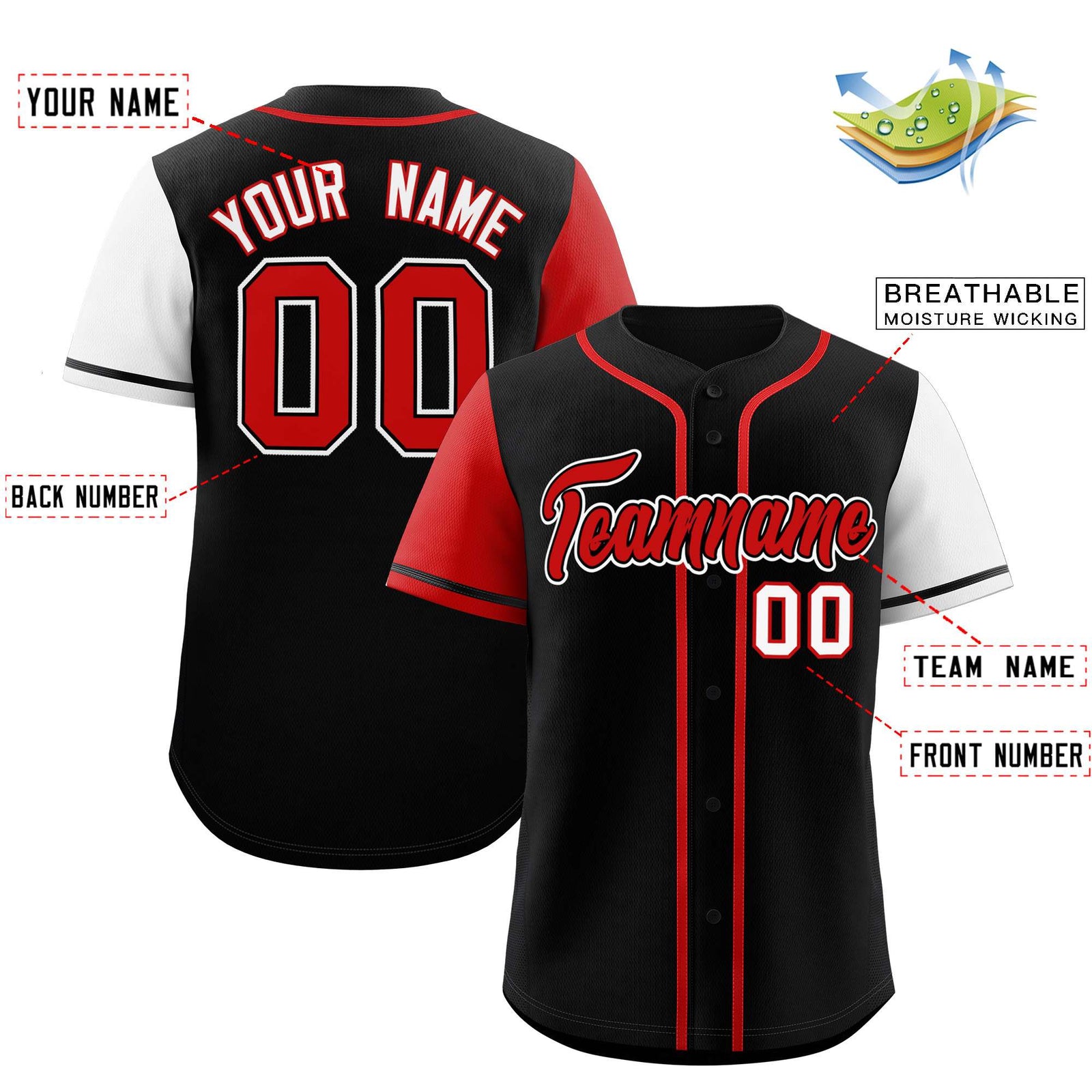 Custom Black Red and White Raglan Sleeves Authentic Baseball Jersey