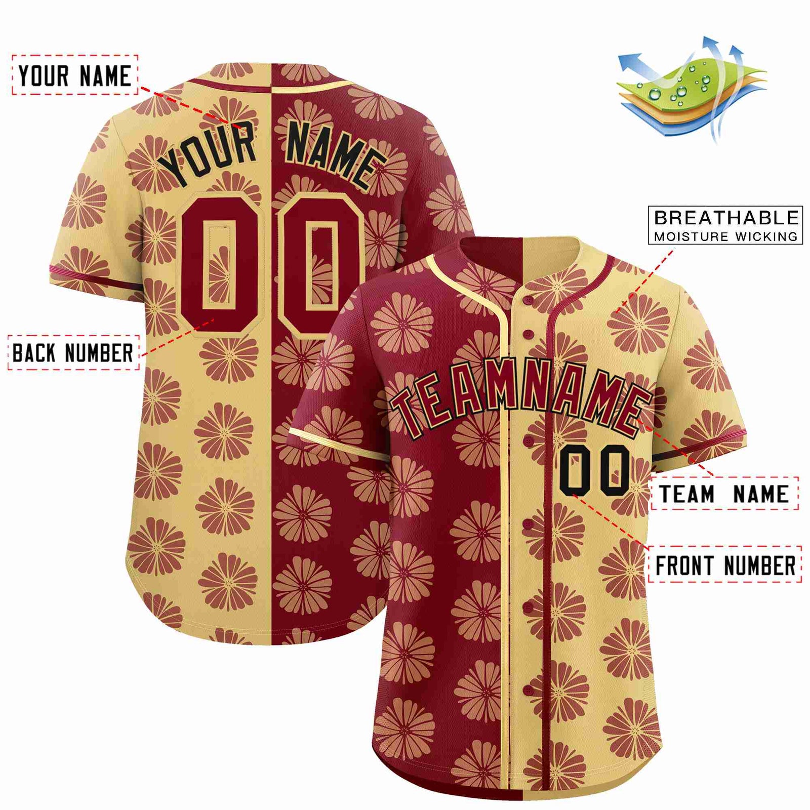 Custom Crimson Khaki Split Fashion Flower Graffiti Pattern Authentic Baseball Jersey