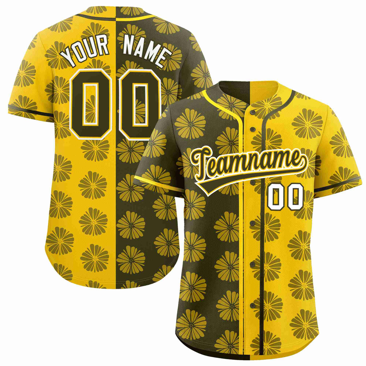 Custom Olive Gold Split Fashion Flower Graffiti Pattern Authentic Baseball Jersey