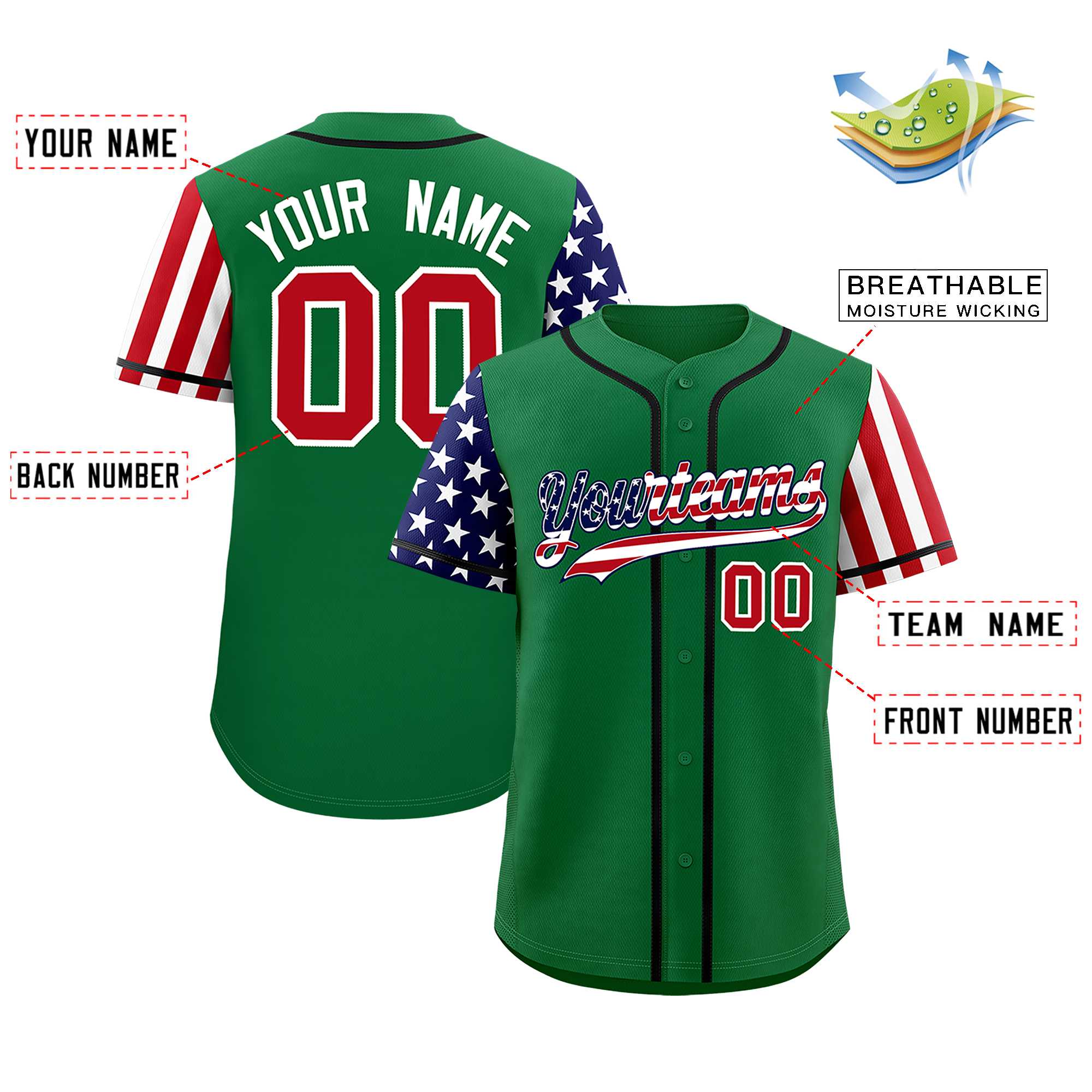 Custom Kelly Green American Flag Design Personalized Baseball Jersey