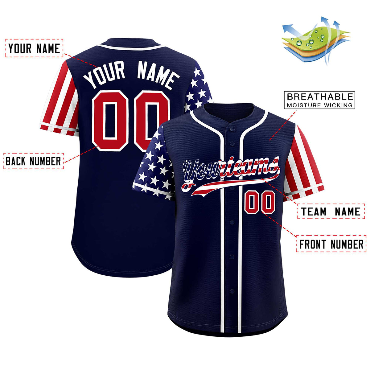 Custom Navy American Flag Design Personalized Baseball Jersey