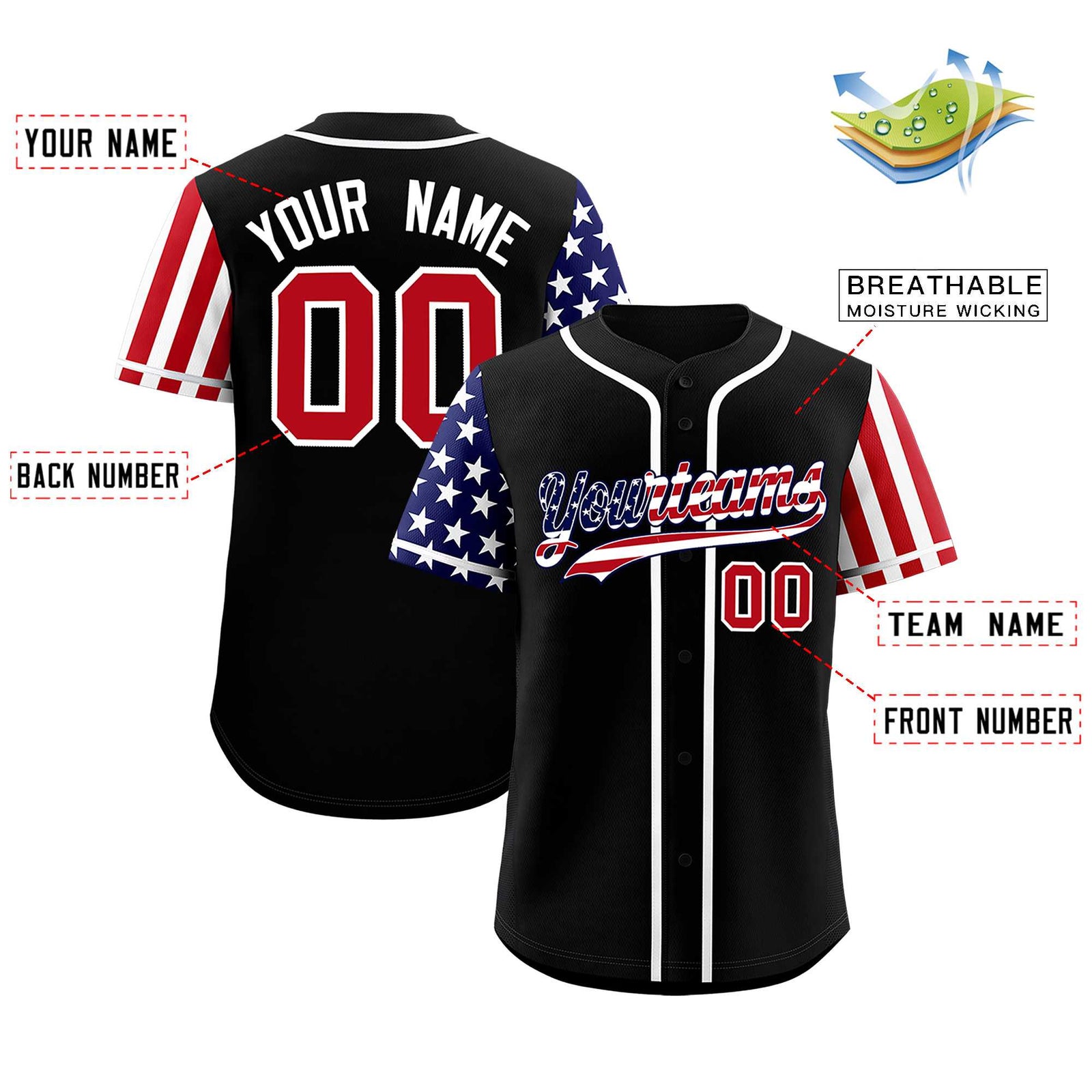 Custom Black American Flag Design Personalized Baseball Jersey