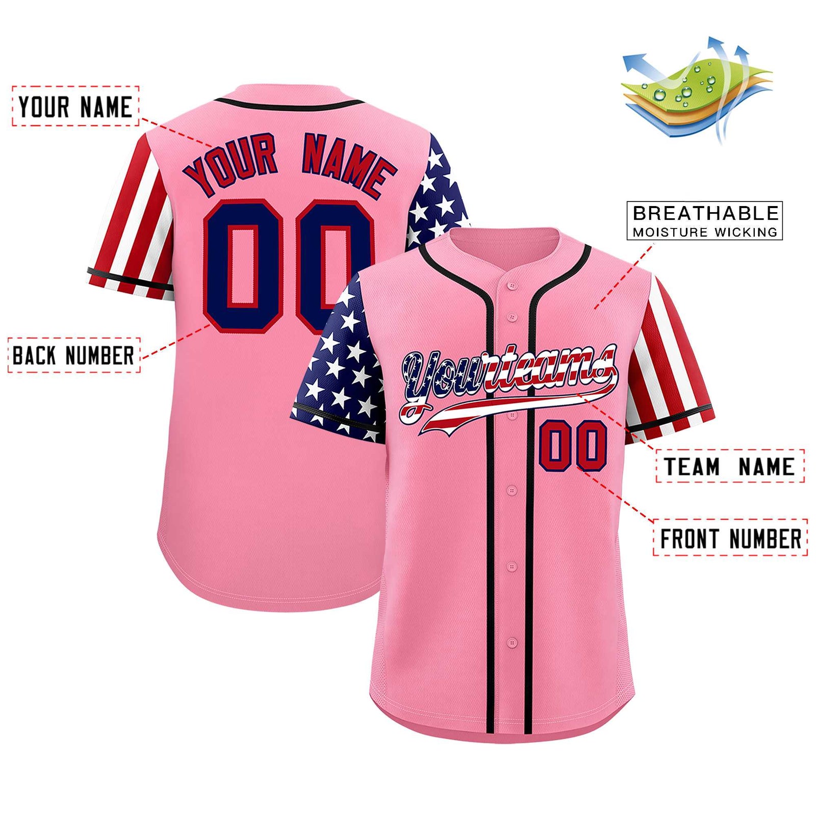 Custom Light Pink American Flag Design Personalized Baseball Jersey