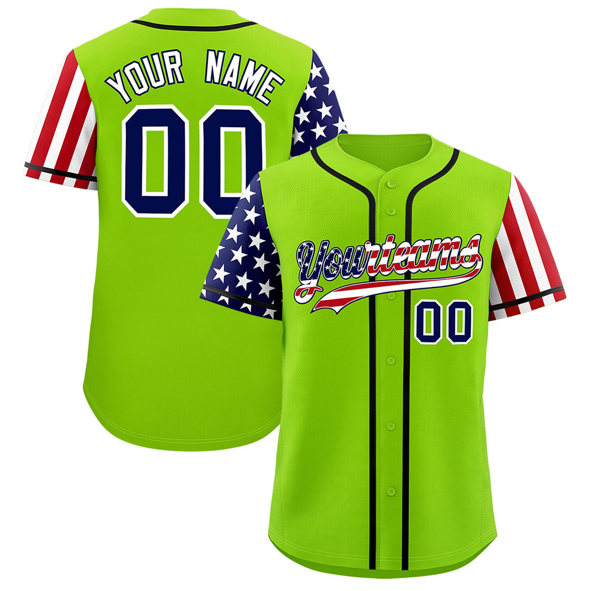 Custom Neon Green American Flag Design Personalized Baseball Jersey