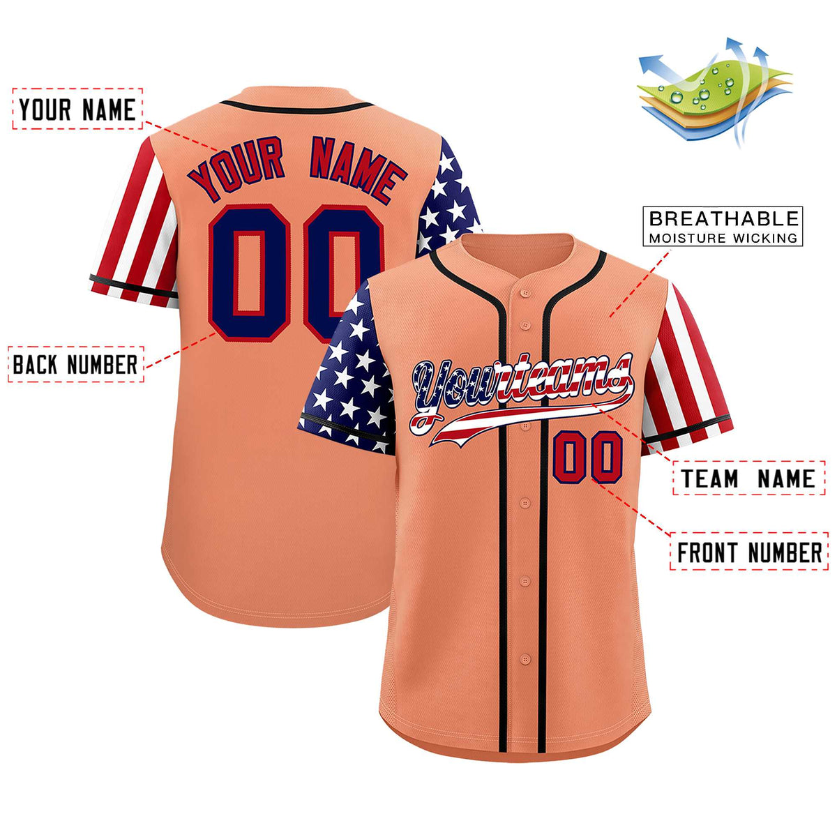 Custom Light Orange American Flag Design Personalized Baseball Jersey