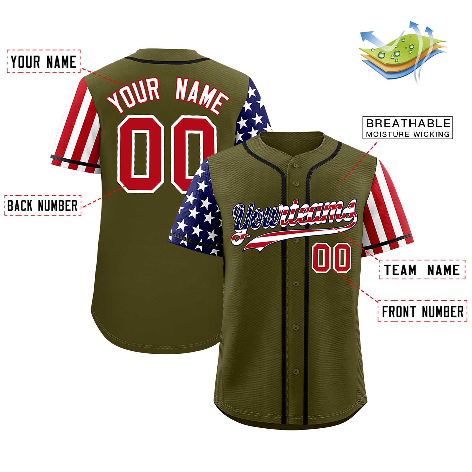 Custom Olive American Flag Design Personalized Baseball Jersey