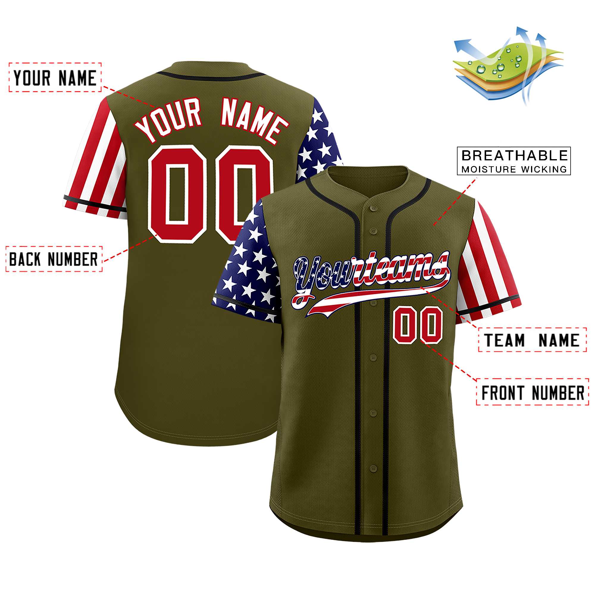 Custom Olive American Flag Design Personalized Baseball Jersey
