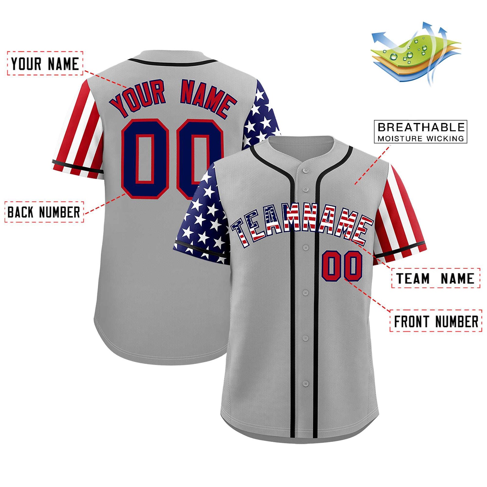 Custom Gray American Flag Design Personalized Baseball Jersey