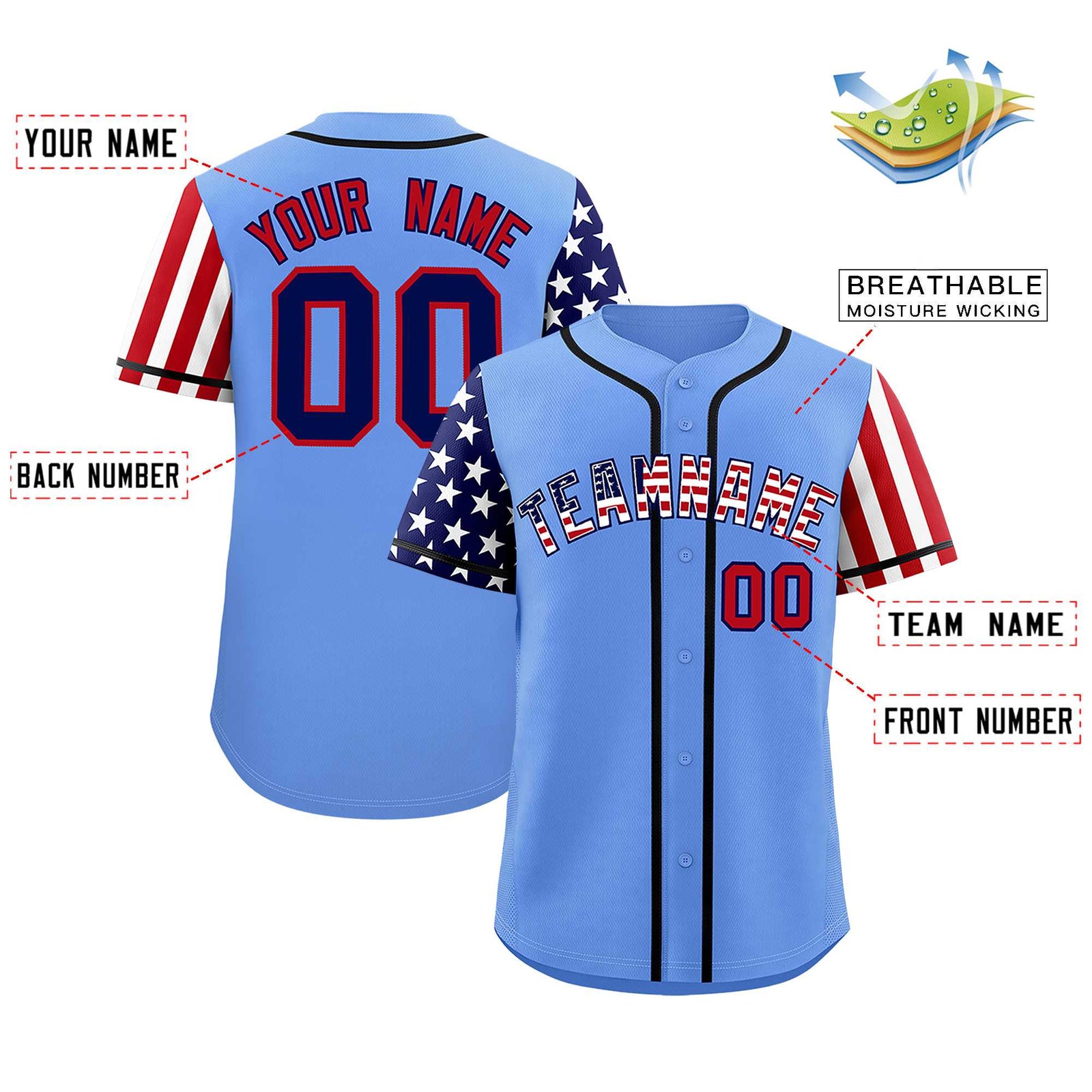 Custom Light Blue American Flag Design Personalized Baseball Jersey