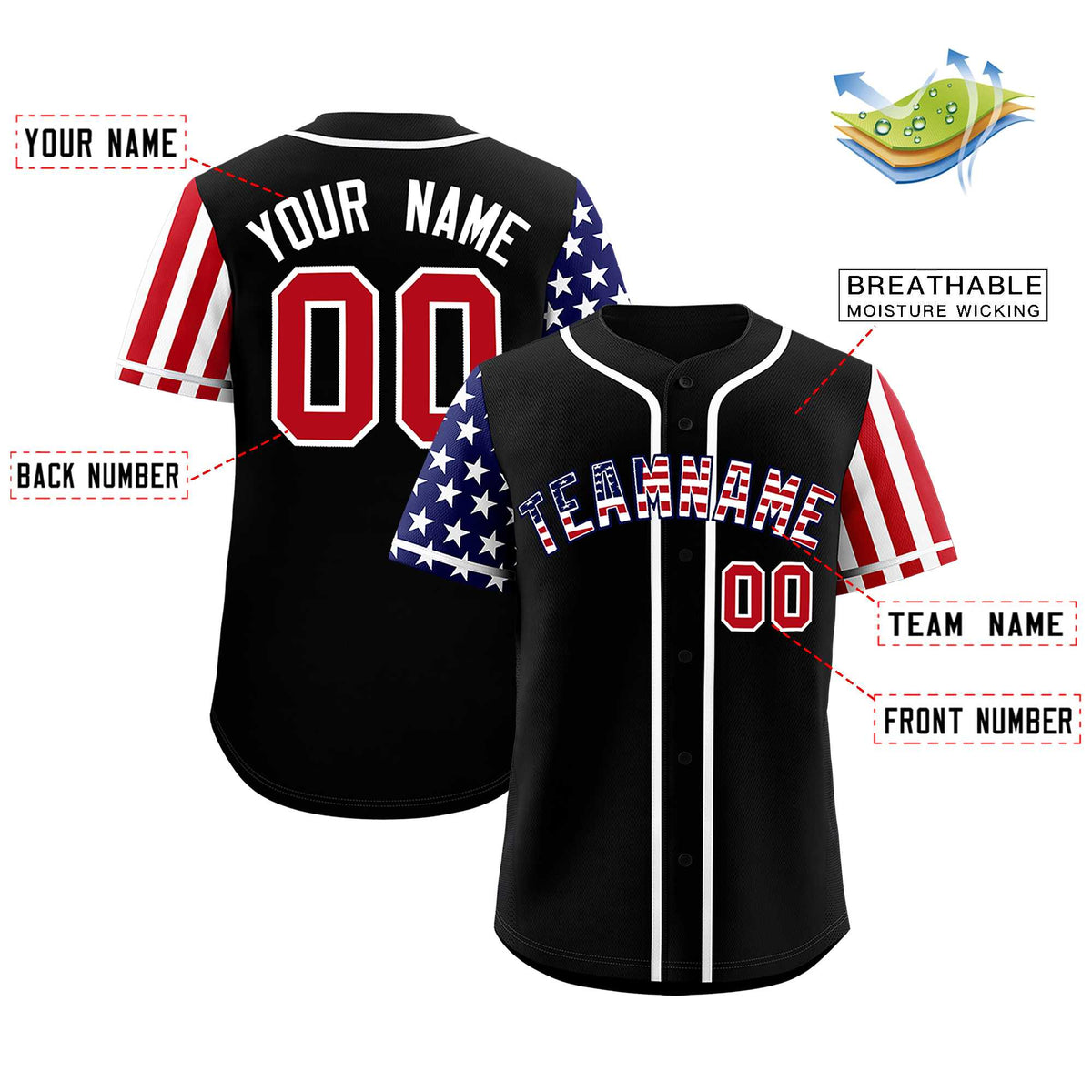 Custom Black American Flag Design Personalized Baseball Jersey