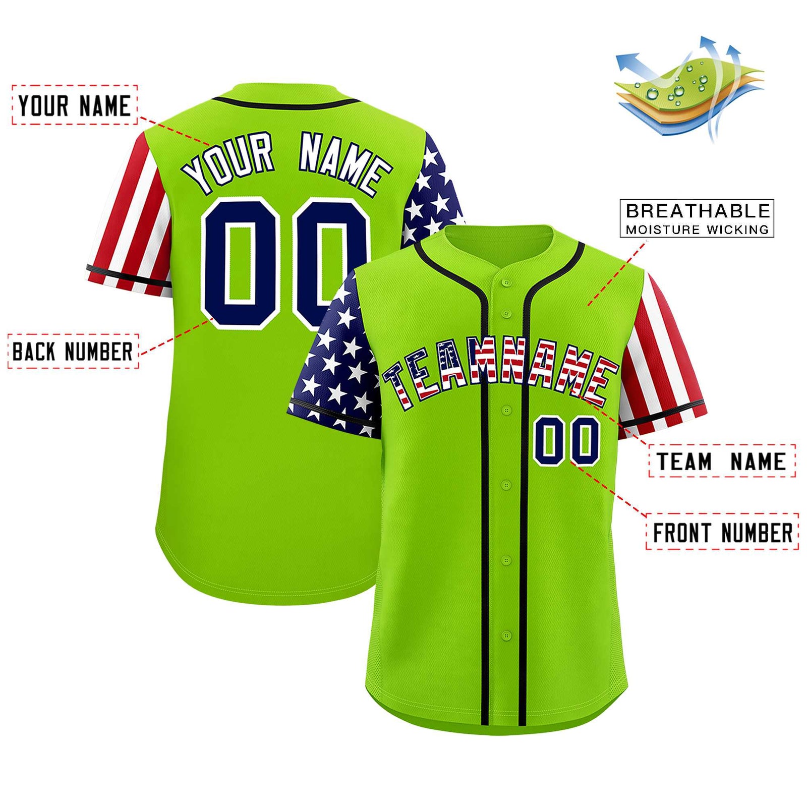 Custom Neon Green American Flag Design Personalized Baseball Jersey