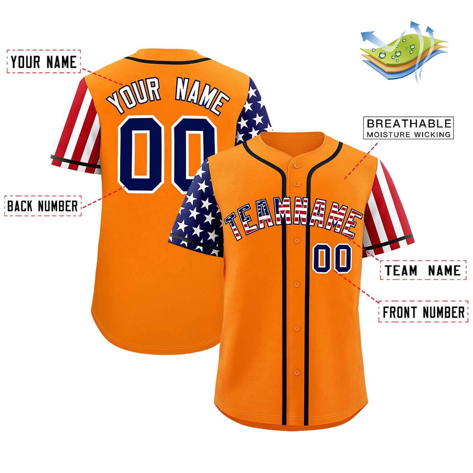 Custom Orange American Flag Design Personalized Baseball Jersey