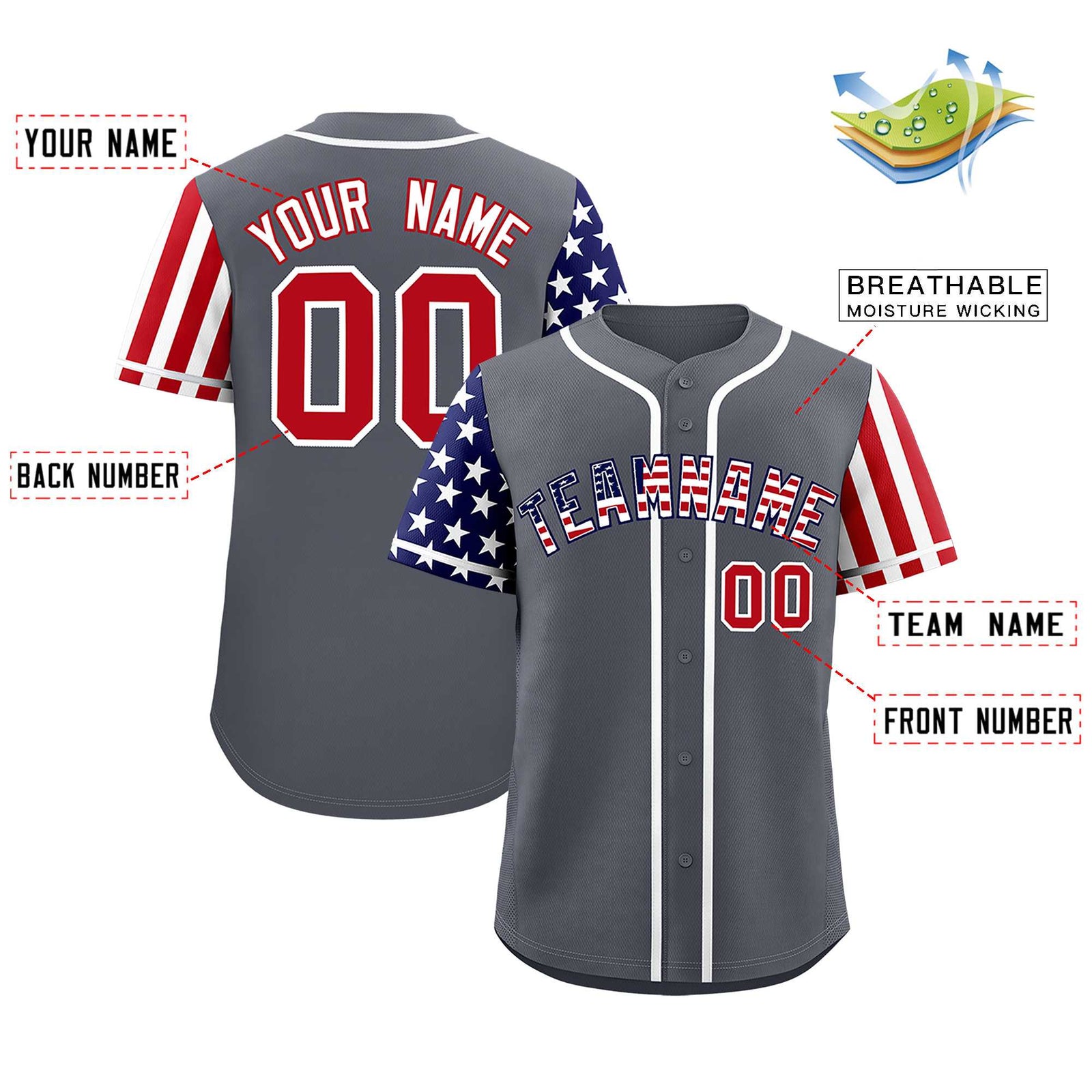Custom Dark Gray American Flag Design Personalized Baseball Jersey