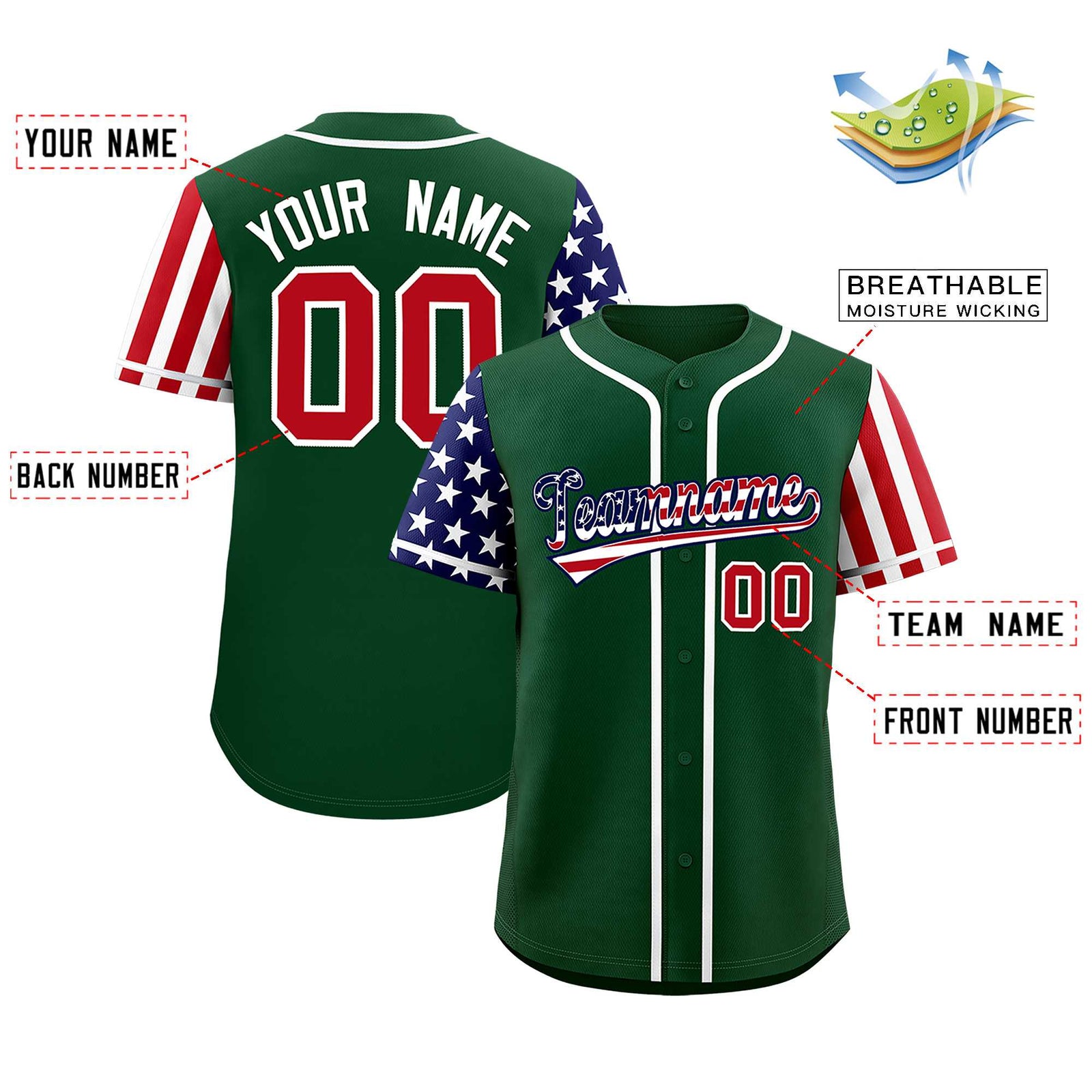 Custom Green American Flag Design Personalized Baseball Jersey