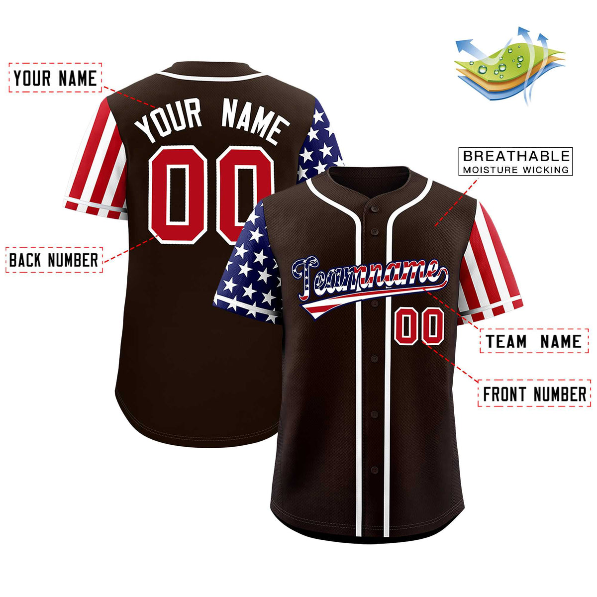 Custom Brown American Flag Design Personalized Baseball Jersey