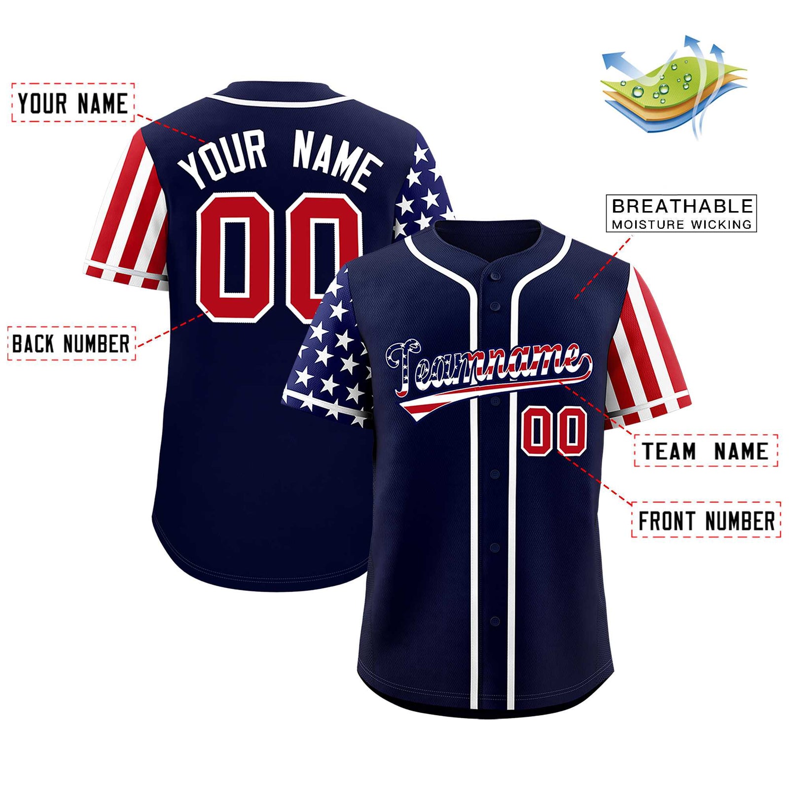 Custom Navy American Flag Design Personalized Baseball Jersey