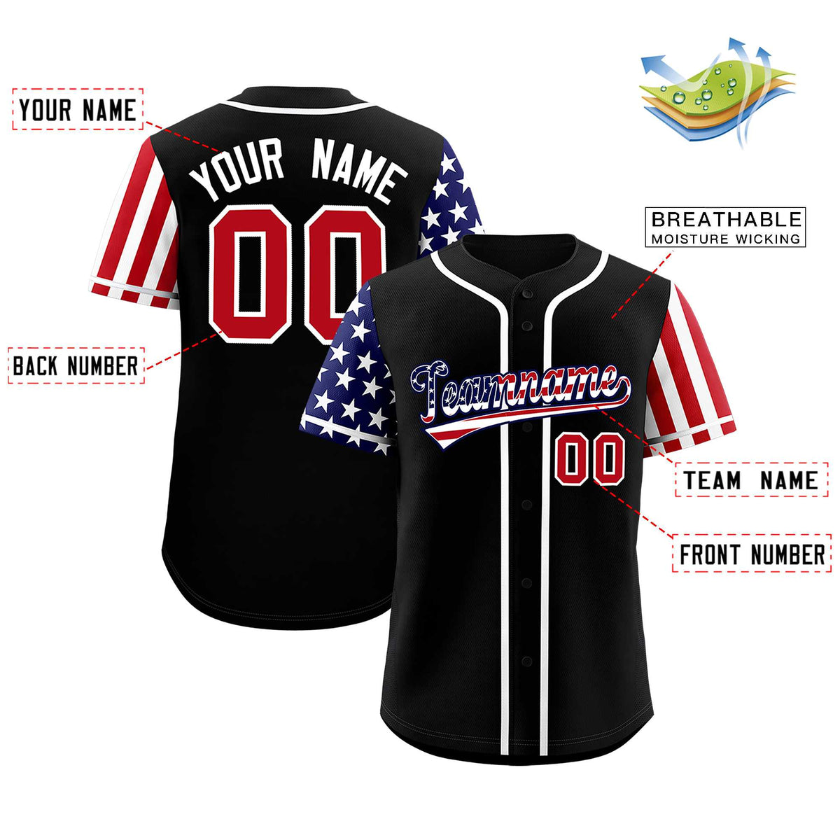 Custom Black American Flag Design Personalized Baseball Jersey