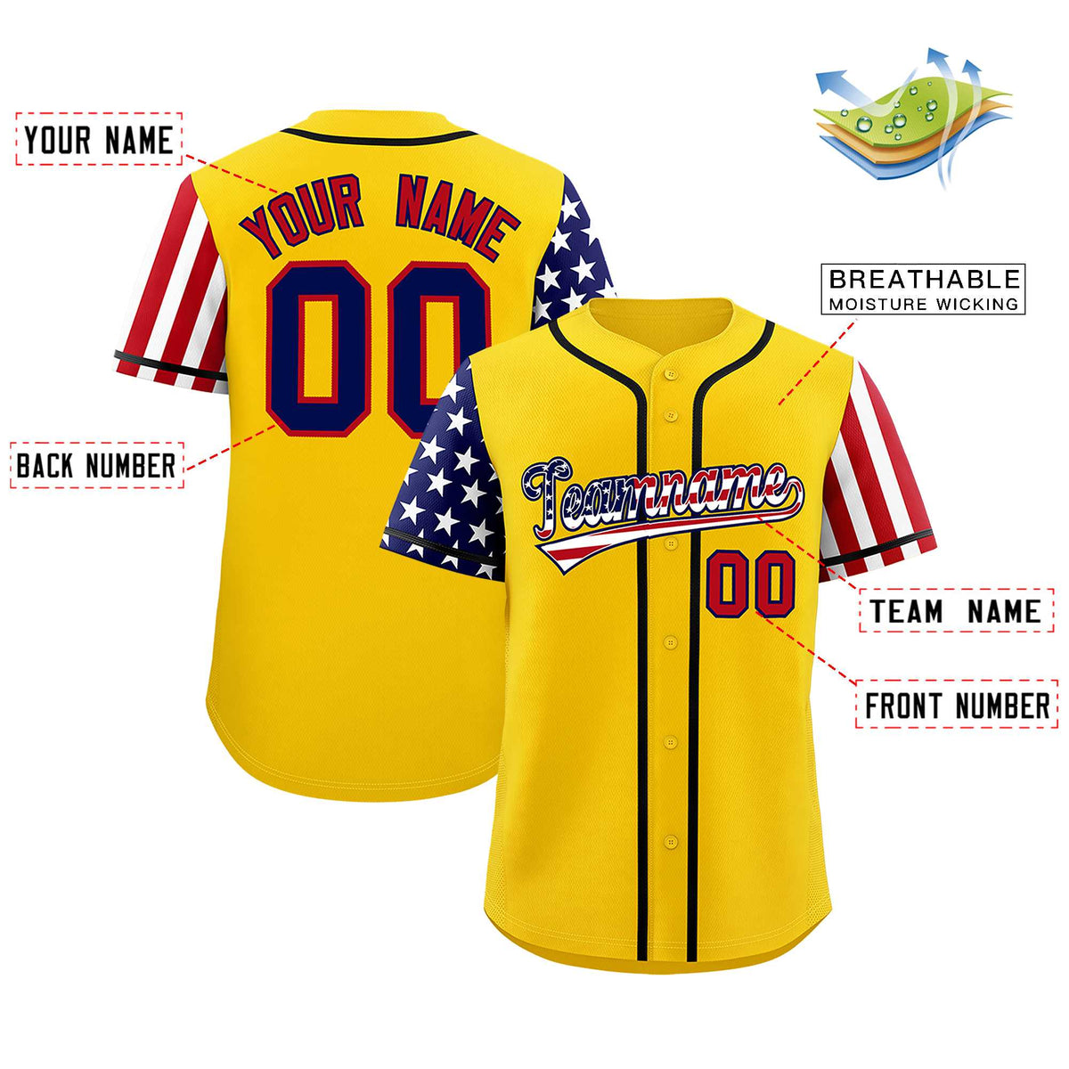 Custom Gold American Flag Design Personalized Baseball Jersey