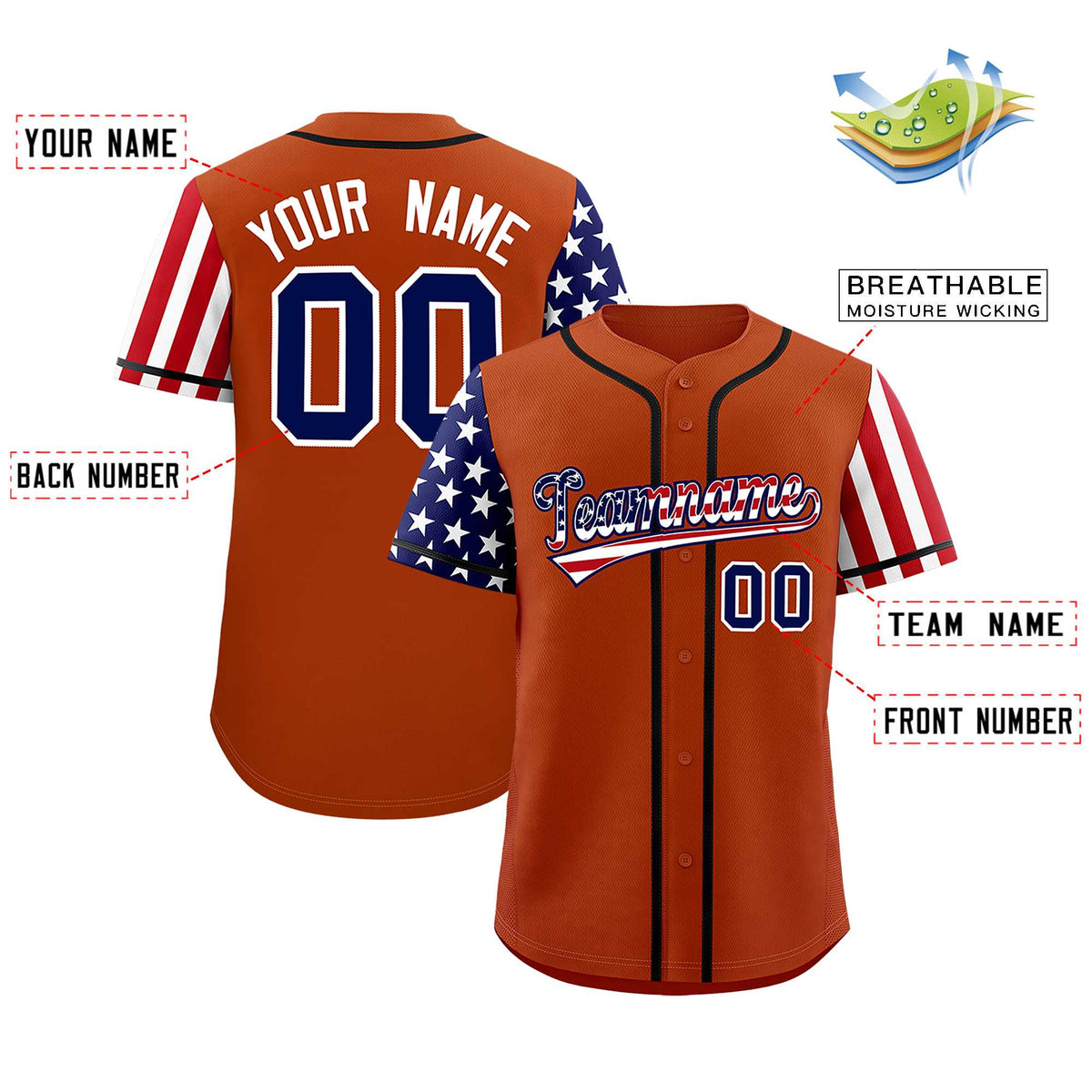Custom Dark Orange American Flag Design Personalized Baseball Jersey