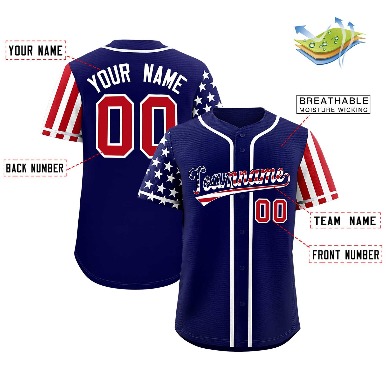 Custom Dark Blue American Flag Design Personalized Baseball Jersey