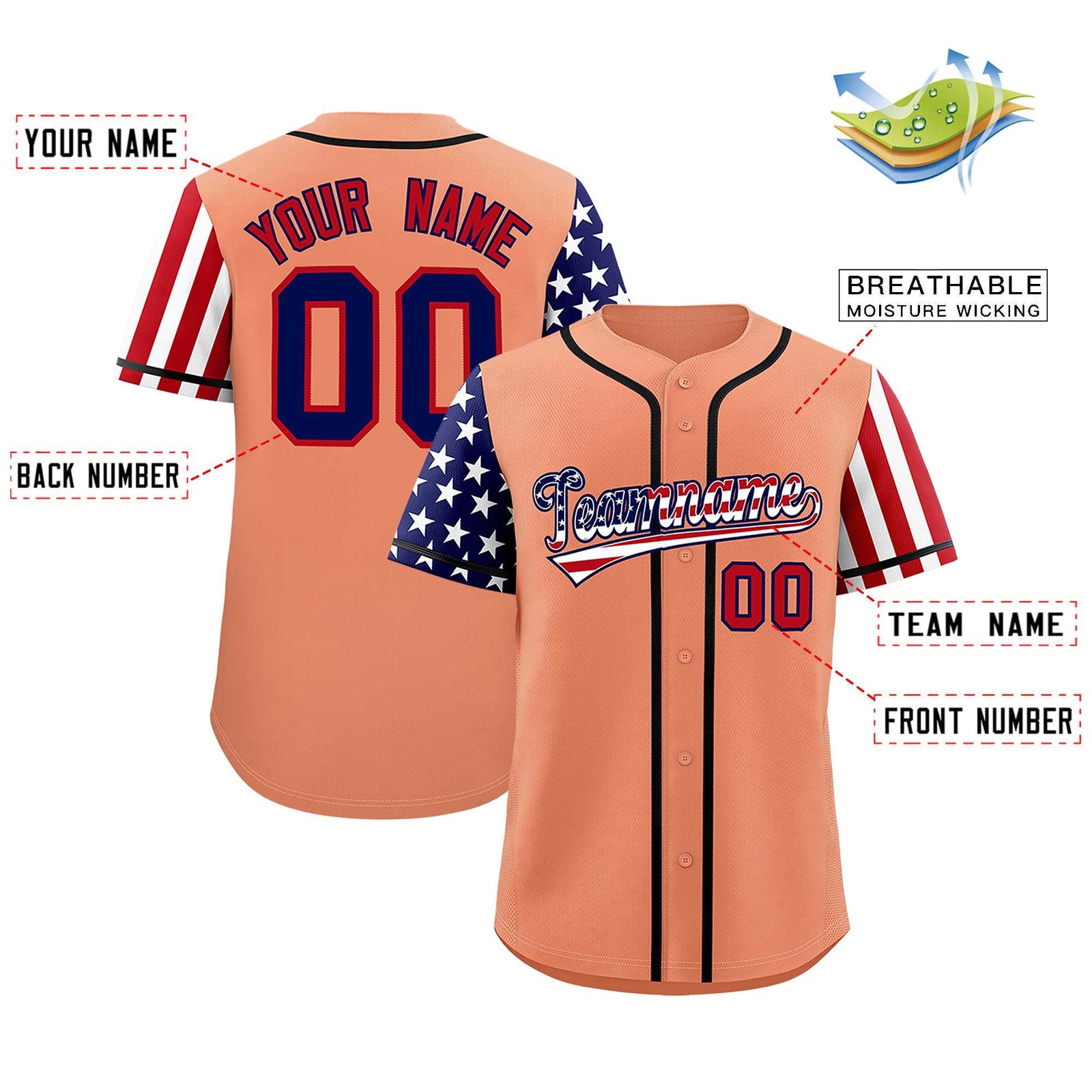 Custom Light Orange American Flag Design Personalized Baseball Jersey