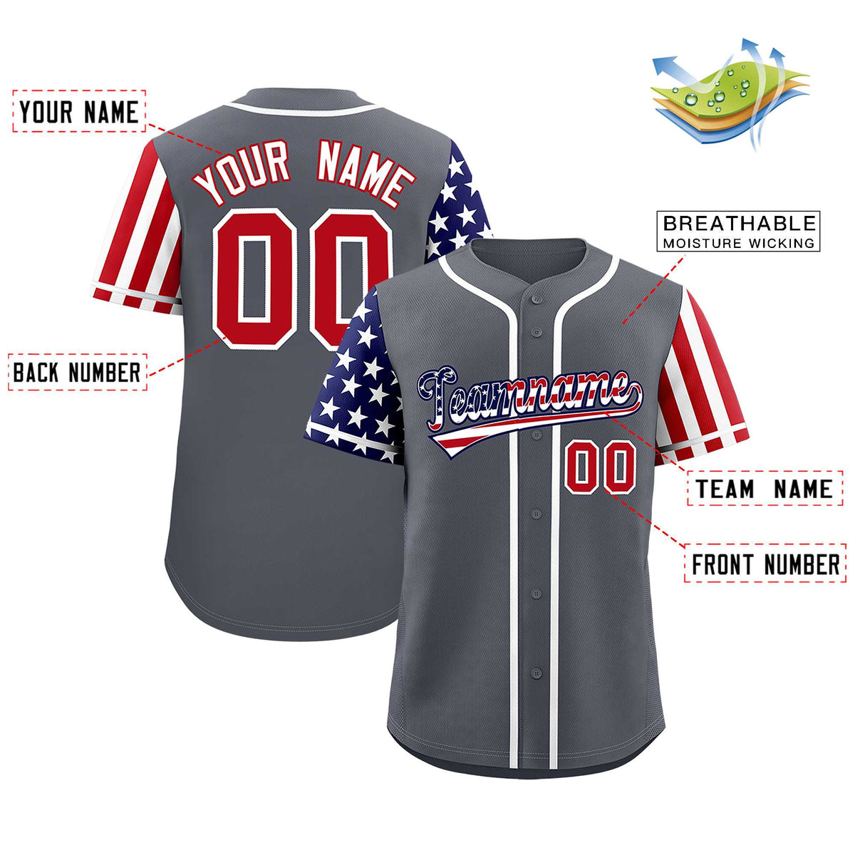 Custom Dark Gray American Flag Design Personalized Baseball Jersey
