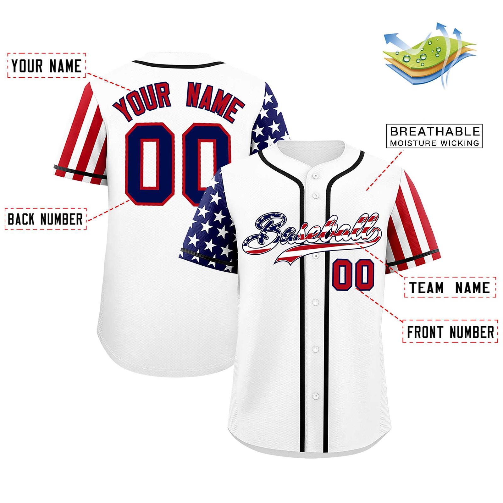 Custom White American Flag Design Personalized Baseball Jersey