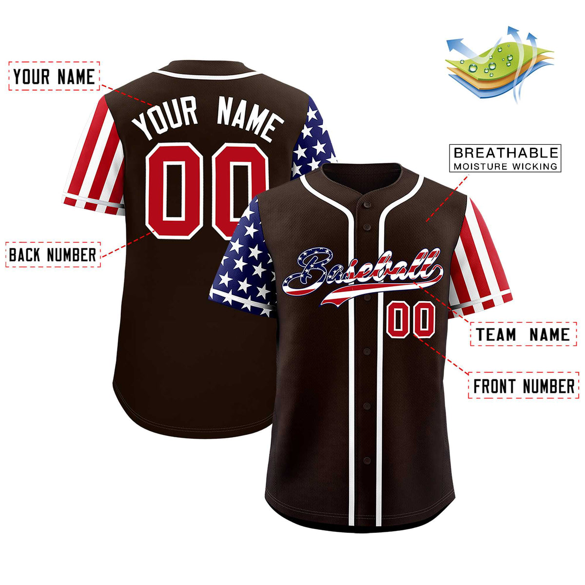 Custom Brown American Flag Design Personalized Baseball Jersey
