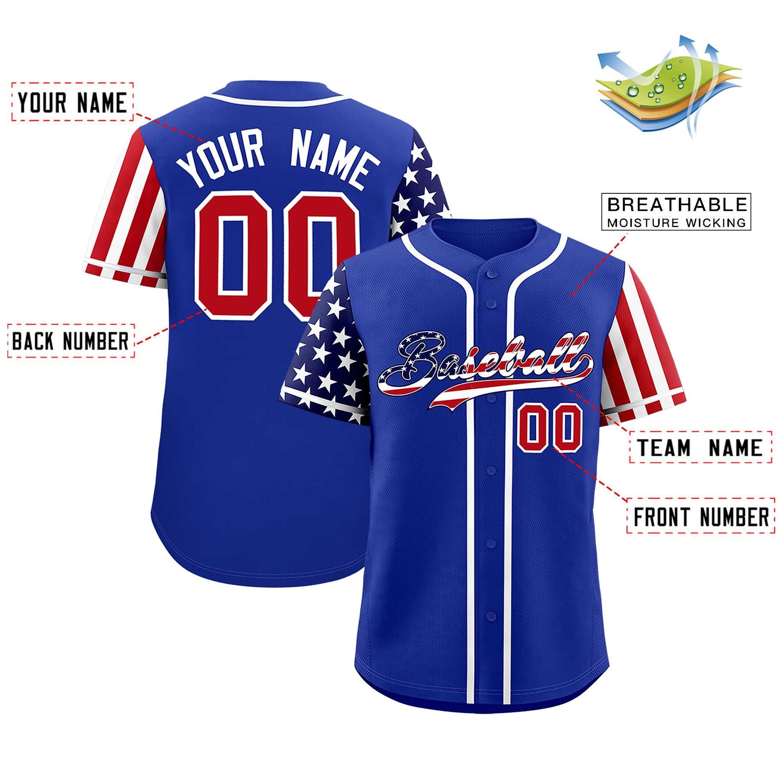 Custom Royal Blue American Flag Design Personalized Baseball Jersey