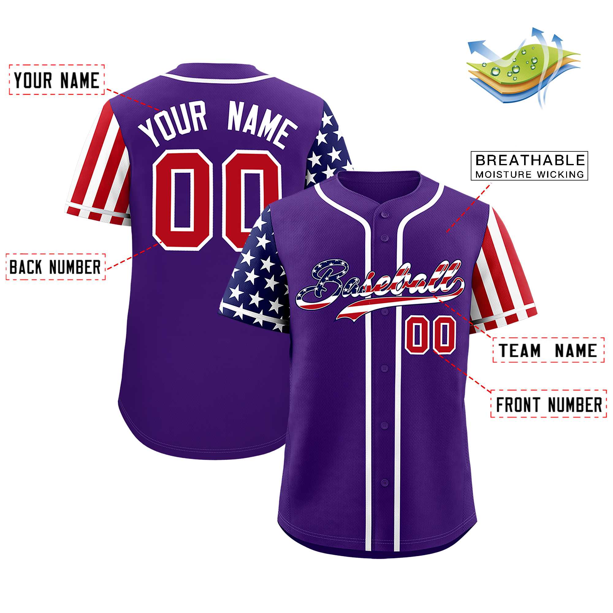 Custom Purple American Flag Design Personalized Baseball Jersey