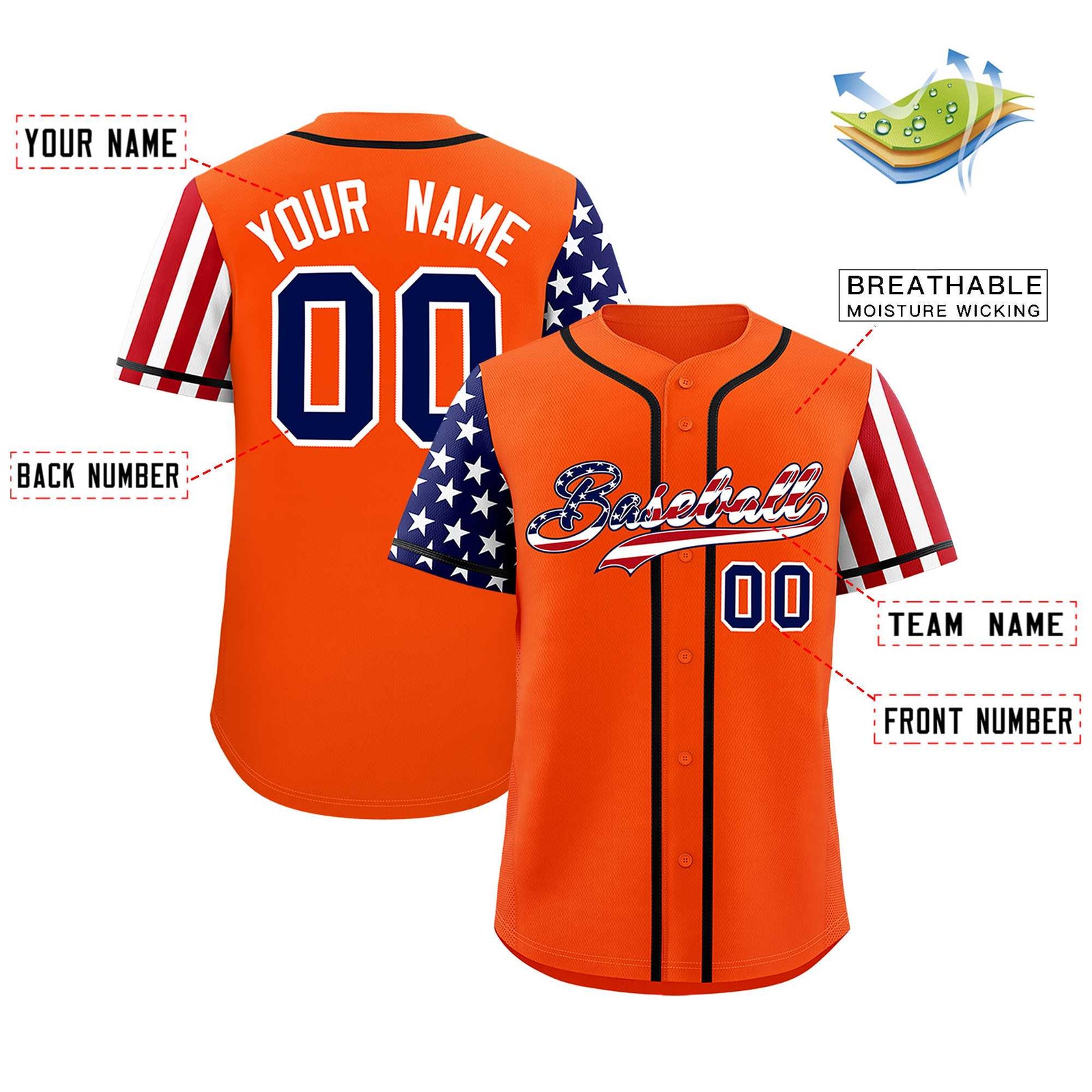 Custom Orange American Flag Design Personalized Baseball Jersey