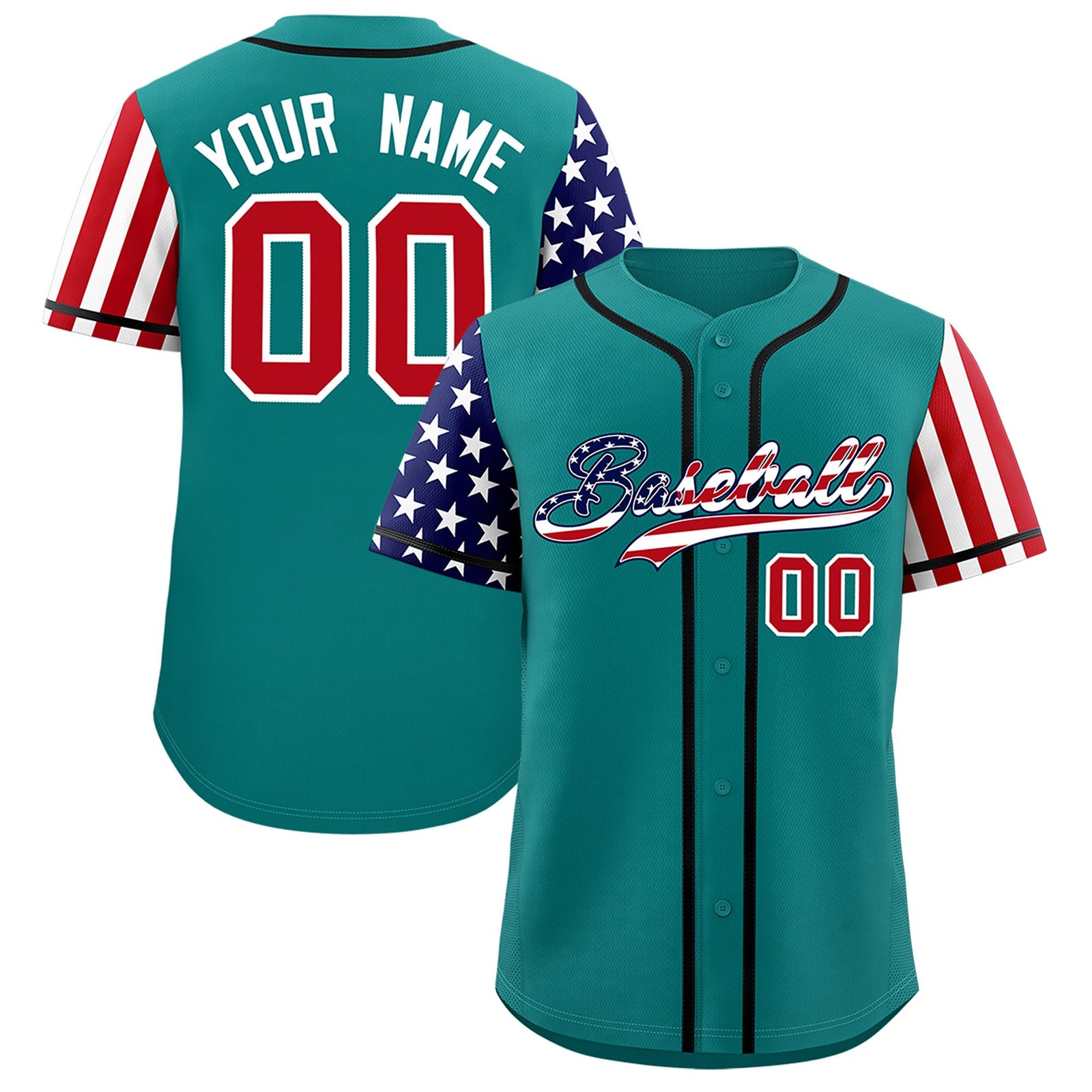 Custom Teal American Flag Design Personalized Baseball Jersey