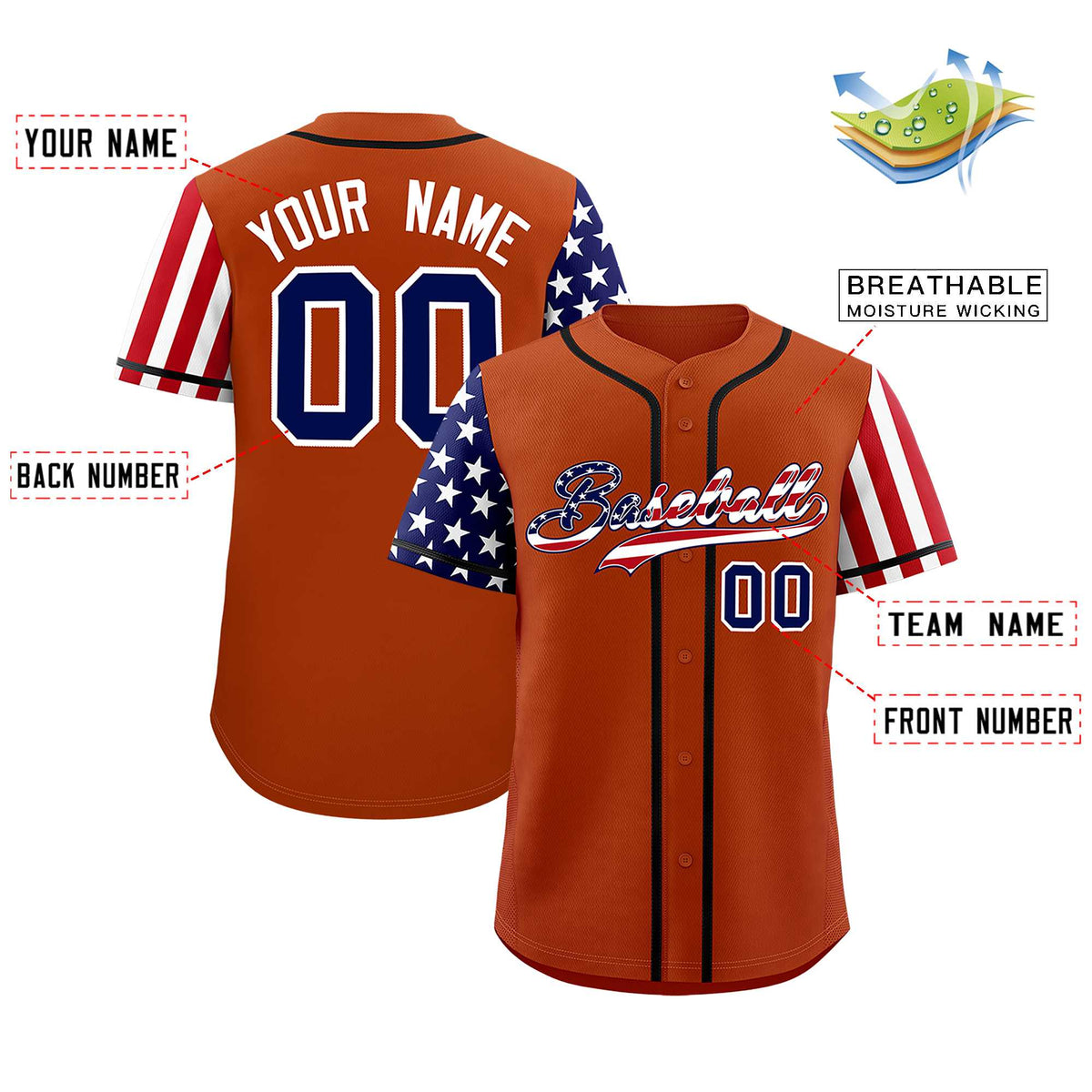 Custom Dark Orange American Flag Design Personalized Baseball Jersey