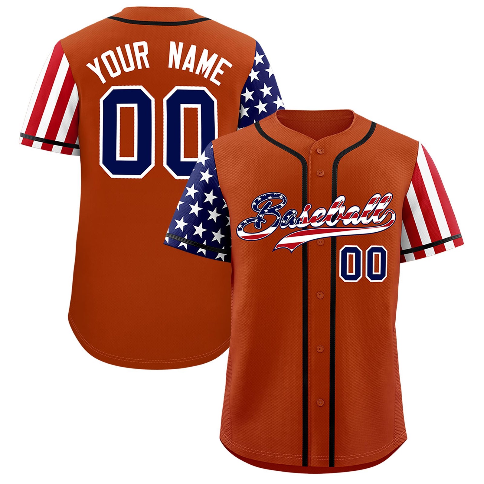 Custom Dark Orange American Flag Design Personalized Baseball Jersey