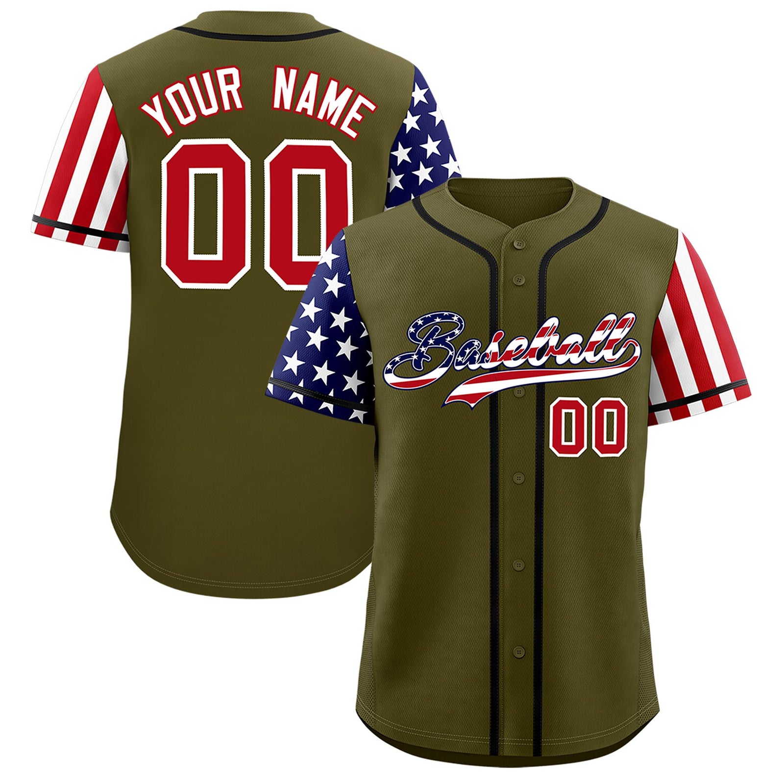 Custom Olive American Flag Design Personalized Baseball Jersey